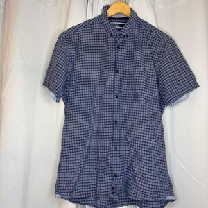 Woolworths Mens L Short Sleeve 100% Cotton Blue‎ Plaid Button Up Regular Fit